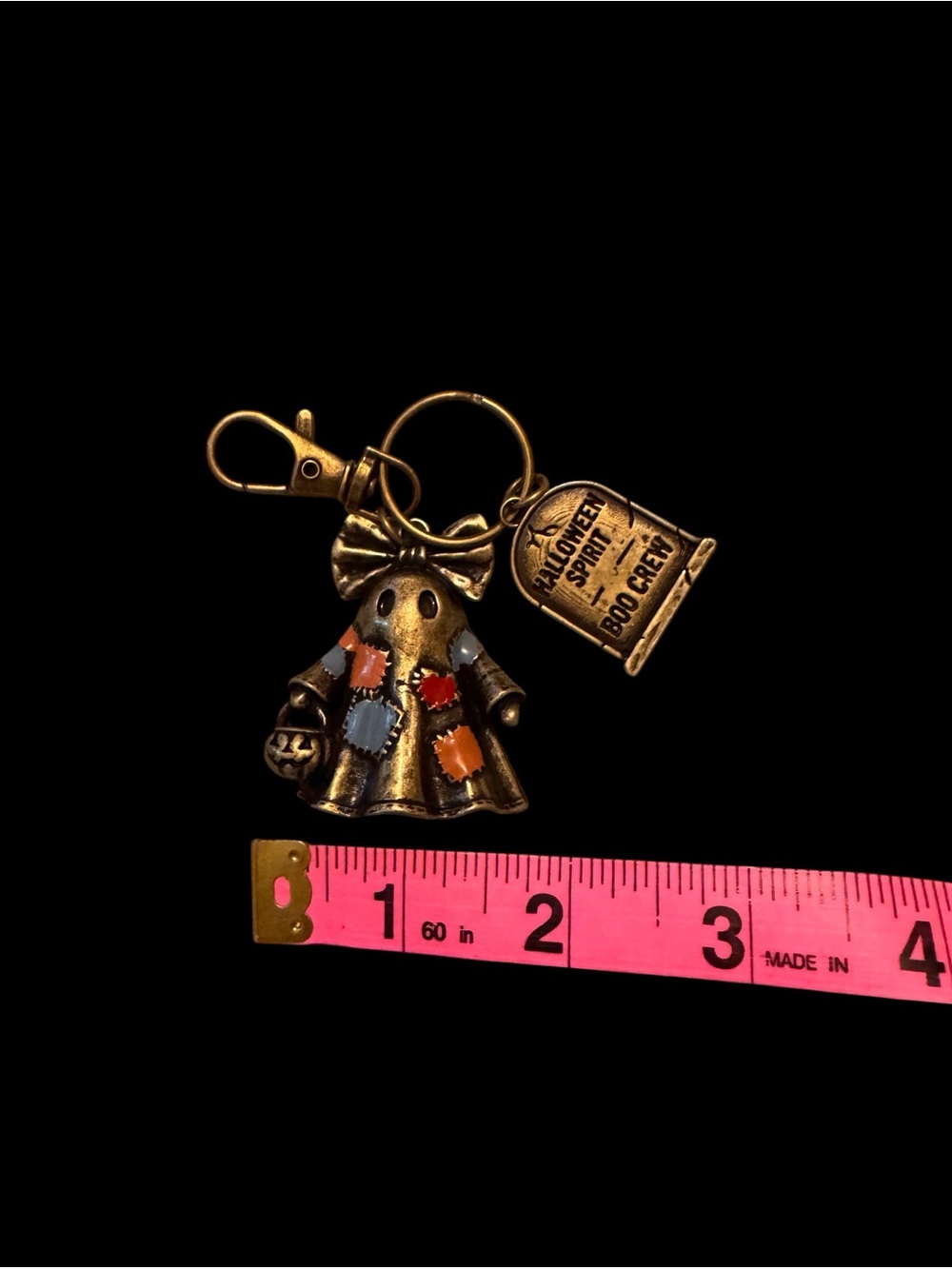 Halloween Ghost Bag Charm Keychain Boo Crew Patchwork Bronze - Picture 6 of 6